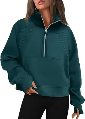 Produktbild von ASKSA Damen Sweatshirt Stehkragen Reissverschluss Pullover Einfarbige Fleece Oberteile, Dunkelgruen, XL