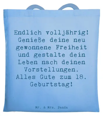 Produktbild von Mr. & Mrs. Panda Tote Bag Spruch 18. Geburtstag Freiheit - Sky Blue - Geschenk, Jutebeutel, Laptoptasche, handgefertigte Produkte, Happy Birthday, Tasche, Aufregung