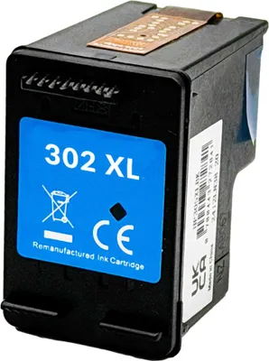 A close-up studio shot of a black ink cartridge with a blue label.
