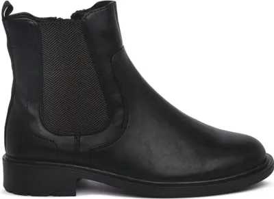 A black Chelsea boot is shown against a white background.