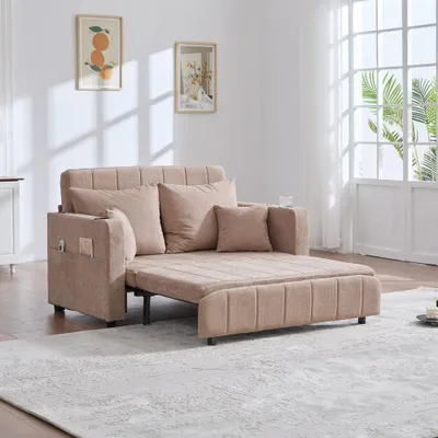 Produktbild von Schlafsofa, ausziehbares Klappsofa, als Sofa oder Bett, mit Aufbewahrungstaschen an den Armlehnen, Chenille, mit USB und Getränkehaltern, Khaki