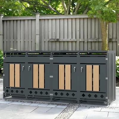 Produktbild von Merax 2er Mülltonnenbox mit Klappdeckel, Mülltonnenverkleidung mit vertikale Holzmaserung und rautenförmiger Boden, 2 Fächer, abschließbar, Outdoor