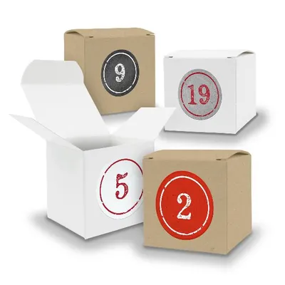 Produktbild von Adventskalender zum Füllen 24x Würfel 6,5cm gemischt WEISS BRAUN + Sticker V06 Z03
