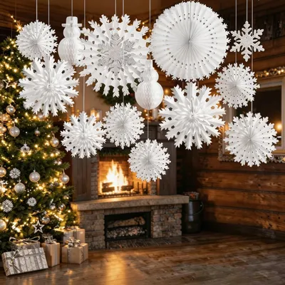 Image de Kit de décoration en papier blanc, représentant des flocons de neige, comprenant 13 pièces, à suspendre