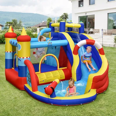 Produktbild von COSTWAY Nafukovací hrad s nafukovacím zariadením, vodný park 6 v 1 so šmykľavkou, bazénom a vodným delom, vonkajší skákací hrad pre deti, záhrada (360 x 290 x 200 cm)