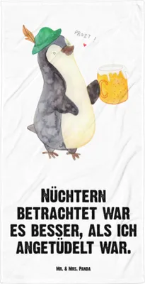Produktbild von Mr. & Mrs. Panda Strandtuch Pinguin Bier - Weiß - Geschenk, Angetüdelt, Pinguine, Strandlaken, Duschtuch, , Badehandtuch, Handtuch, Beschwippst, Reisehandtuch