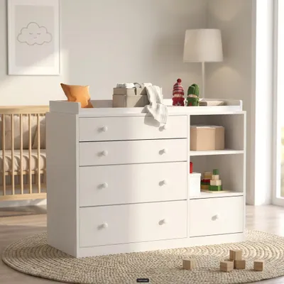 Produktbild von Wickelkommode, mit 5 Schubladen, mit Offenem Bedientisch, mit Stauraum, Babymöbel Wickelregale für Babyzimmer, Weiß, MDF, 120 × 50 × 91,5 cm