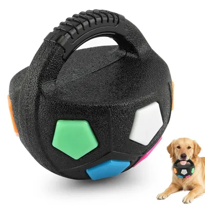 Obrázok produktu pre Hračka pre psov – antistresová guľa s rúčkou, 13 cm, tvar futbalu, guma, farebná
