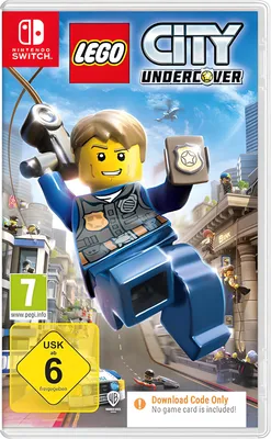 The image shows the front cover of the LEGO CITY Undercover video game for Nintendo Switch. A LEGO minifigure police officer is depicted in the foreground, in a dynamic pose, with a city skyline in the background. There are also age rating symbols and a 'D