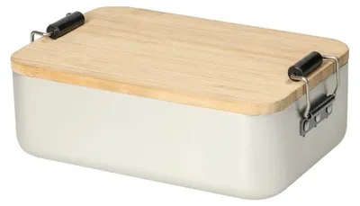 Immagine prodotto di Scatola portaoggetti "Bamboo" - scatola per il pranzo in alluminio con coperchio e pinza in bambù, ideale per il pranzo o la pausa di bambini e adulti - argento