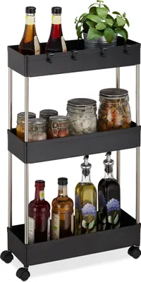 Produktbild von Relaxdays Nischenwagen Kunststoff, HBT 70 x 15,5 x 40,5 cm, schmales Nischenregal Bad, Küche, 4 Haken, 3 Fächer, schwarz