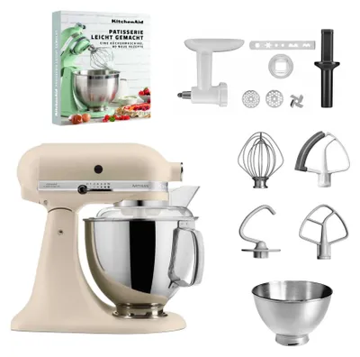 Produktbild von KitchenAid 4,8 L 5KSM175 Artisan Küchenmaschine Pastrylover mit Kunststofffleischwolf+Spritzgebäckvorsatz und Patisserie Buch Fresh Linen