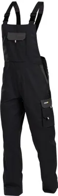 A pair of black work overalls with gray accents, shown against a white background.
