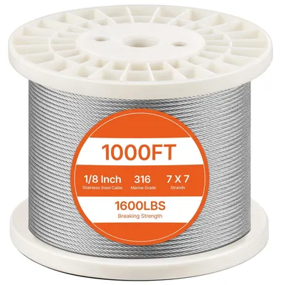 Immagine prodotto di Set di funi metalliche VEVOR, Ф3,18mmx305m, cavo in acciaio inox 316 con taglierina e guanti, carico di rottura 7,1kN, 7 x 7 trefoli, qualità costruttiva