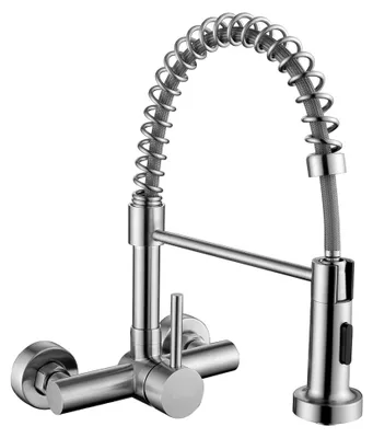 Produktbild von Wandmontierte Küchenarmatur mit abziehbarem Brausekopf, hoch gebogene Wandarmatur mit 2 Strahlarten, 360° drehbare Mischbatterie aus Edelstahl, matt