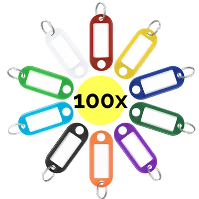 Produktbild von 100x Schlüsseletiketten - 100 Stück - Mit Schlüsselringen und Namensschild - Schlüsselanhänger mit Etikett - Passend für Schlüsselbrett - 5 Farben