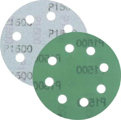 Obrázok produktu pre P1500 Brúsny papier, brúsny kotúč - univerzálny (zelený) 125 mm, 8 otvorov, filmový základ - balenie 10 ks
