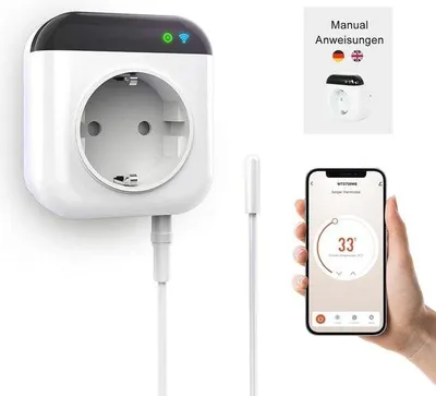 Obrázok produktu pre Programovateľná Wi-Fi zásuvka s termostatom a senzorom – inteligentné ovládanie cez aplikáciu a kompatibilita s Alexa a Google Assistant