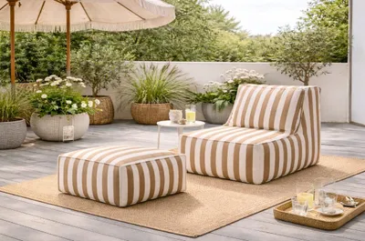 Obrázek produktu pro Zahradní nábytek Patio, křeslo 70 x 85 x 70 cm a sedací vaky 70 x 70 x 35 cm, balkonový nábytek, zahradní nábytek, odolná a povětrnostně odolná látka Club, béžová a bílá