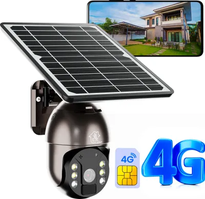 Obrázek produktu pro Dohledová kamera 3G/4G LTE se solárním panelem, venkovní, s kartou SIM, slotem na kartu Micro SD, PTZ, 1080P, vodotěsná IP66, náklon 355°/100°, 4x dobíjecí baterie, mikrofon a reproduktor