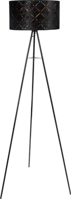 A black tripod floor lamp with a patterned lampshade.