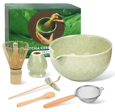 Productafbeelding van Matcha-set - 7-delige accessoire set met borstel, kom met uitschenktuit, theelepel, zeef en houder - groen