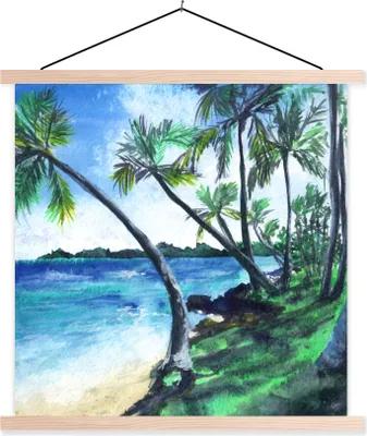 Produktbild von MuchoWow® Textilposter Palme - Strand - Aquarell 40x40 cm mit holzfarbenen Rahmen - Posterleiste