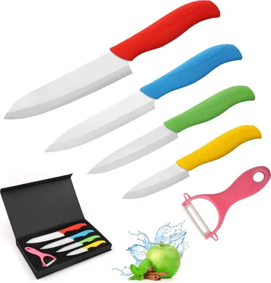 Produktbild von Keramisches Messerset für die Küche - 4 farbige Messer und Schälmesser - Ergonomischer Griff - Ideal für Fleisch, Brot, Gemüse und Obst