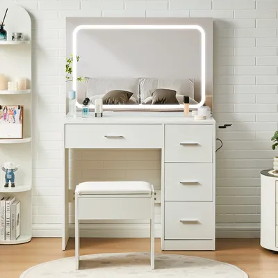 Image de CLIPOP Coiffeuse à 4 tiroirs, avec station de charge, support pour sèche-cheveux,Lampe LED incluse
