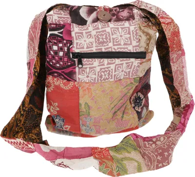Image de Sac à bandoulière boho, grand sac patchwork, shopper - rouge, unie - adulte, coton, 38*35*15 cm, sac à bandoulière alternatif, sac à main en tissu