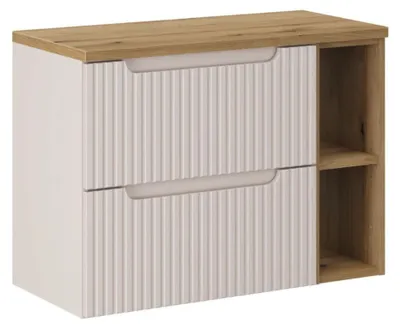 Image de Ensemble de salle de bain VANO cachemire et chêne 80cm : meuble sous vasque à tiroirs avec niches visibles + plan pour vasque