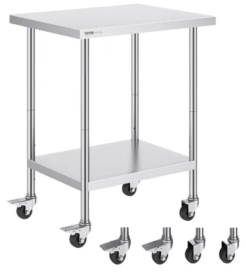 Obrázok produktu pre VEVOR pracovný stôl z nehrdzavejúcej ocele, prípravný stôl so 4 kolieskami, 3 nastaviteľné výškové úrovne, 610 x 762 x 954,6 mm Kuchynský stôl Pracovný stôl na prípravu jedál pre komerčné reštaurácie