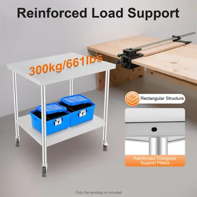 Image de Table de travail - Acier inoxydable - Sur roulettes - Capacité de charge de 300 kg - 81 x 67 x 14 cm - Pour usage professionnel et domestique