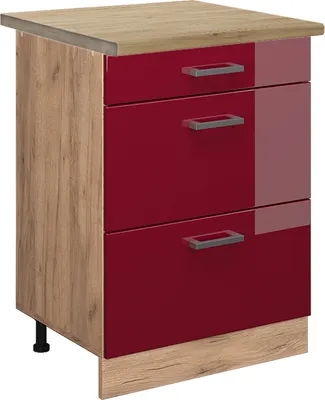 Immagine prodotto di Mobiletto base per cucina Vicco R-Line Rosso lucido 60 cm con cassetti, PL Rovere, Model 46780