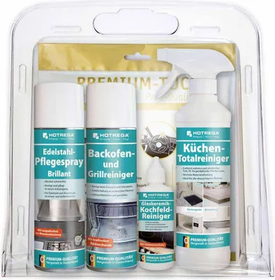 Produktbild von HOTREGA Küchen-Set Reinigung und Pflege Basic 5-teilig, Kochfeldreiniger, Backofenreiniger, Allzweckreiniger, Edelstahlpflege, Microfasertuch