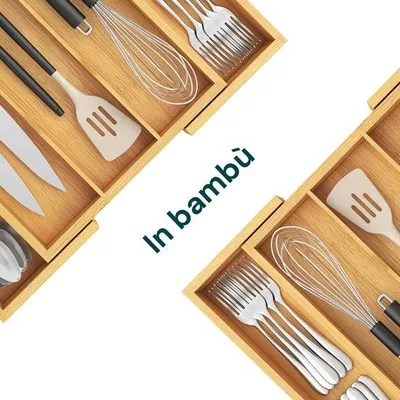 Produktbild von Famanu Besteckhalter mit 5 ausziehbaren Fächern aus Bambus - Küchenorganizer für Schubladen - verstellbare Schubladenteiler von 33 cm bis 55 cm -