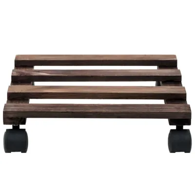 A wooden plant stand with wheels on a white background.