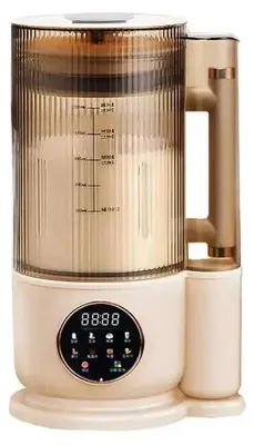 A close-up studio shot of a beige and gold electric soy milk maker with a digital display.