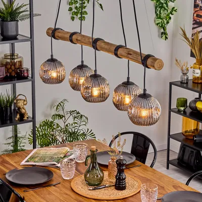 Produktbild von Cesaro Hängelampe aus Metall/Holz/Riffelglas in Schwarz/Natur-/Rauchfarben