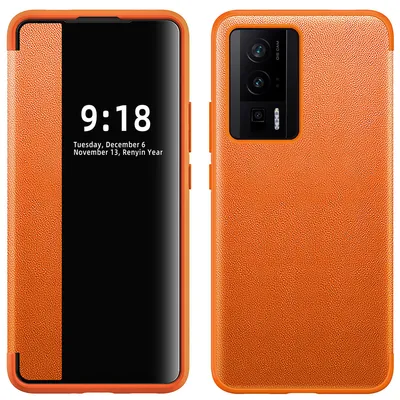 Immagine prodotto di Custodia per Xiaomi Redmi K60 Pro sottile custodia in Finto cuoio con finestra di visualizzazione Arancione