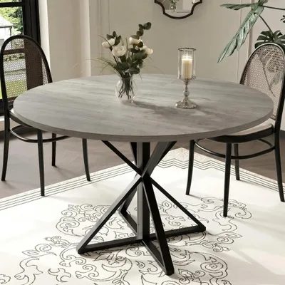 Immagine prodotto di Tavolo rotondo da pranzo - 120 cm, tavolo moderno in legno - struttura a colonna in metallo - per 4-6 persone - salvaspazio - colore grigio