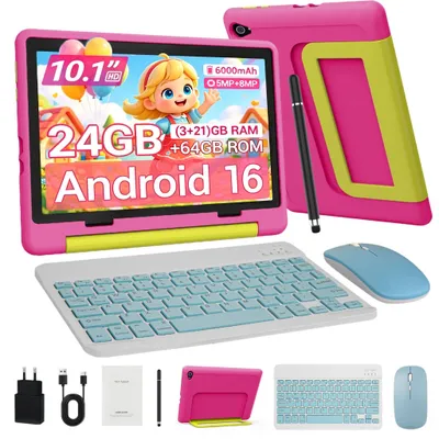 Produktbild von JENBIZZ Kinder Tablet 10 Zoll, 24GB RAM, 64 GB, 6000 mAh, WiFi 6, BT 5.4, Android 16, Widevine L1, Kindersicherung, mit Tastatur, Maus & Stift