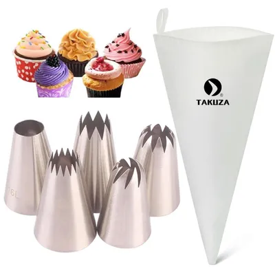 Produktbild von Spritzbeutel Set mit 5 Edelstahl Tüllen, wiederverwendbar, 40 cm, Silber