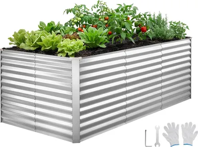 Produktbild von VEVOR Hochbeet Metall 2400x1200x860 mm, Rechteckiges Gartenbeet, Pflanzkasten-Set für den Außenbereich, Gemüsebeet mit Handschuhen, Blumenbeet Bodenlos, Pflanzbeet für Blumen & Gemüse, Silber