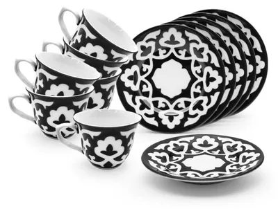 Produktbild von Usbekisches Porzellan-Set Pahta Gul Tulpen-Form, 12-teilig, 6 Teebecher 220 ml & 6 Teller Ø 12 cm