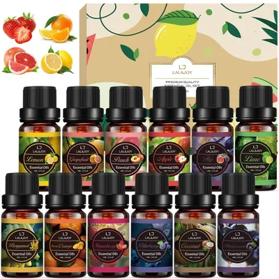 Obrázok produktu pre Sada esenciálnych olejov s ovocnými vôňami pre difuzéry, 12 x 10 ml, prírodné, čisté, darčeková sada pre aromaterapiu