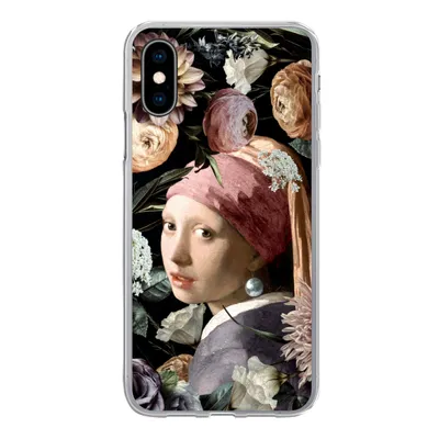 Produktbild von MuchoWow® Handyhülle Schutzhülle Hülle für iPhone X Mädchen mit Perlenohrring - Blumen - Vermeer - Pastell - Kunstwerk - Gemälde - Alte Meister Silikon Softcase Handy Hülle - Handyhülle