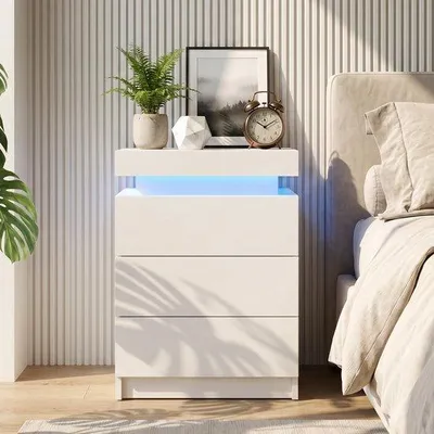 Zdjęcie produktu dla TUKAILAi - Szafka nocna z oświetleniem LED, wysoki połysk, 3 szuflady i dodatkowa półka. Komoda nocna