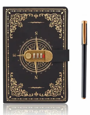 Immagine prodotto di Diario con chiusura a chiave, formato A5, in ecopelle effetto vintage, design con bussola, 200 pagine rigate, inclusa una penna, colore nero