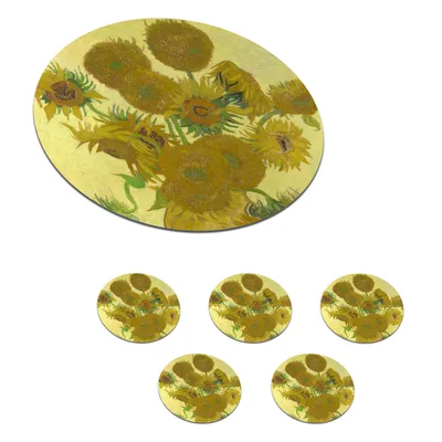 Obrázok produktu pre KitchenYeah® Podložky pod sklo Okrúhla sada 6 slnečníc - maľba Vincenta van Gogha 10x10 cm Podložky pod poháre - Podložky pod nápoje - Chrániče na stôl - Podložky pod poháre na stôl